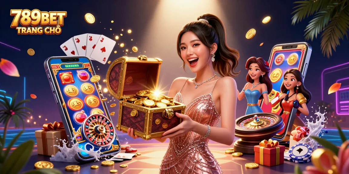 Engage with the vibrant 789BET TRANG CHỦ world showcasing an exciting online casino scene with treasures and games.