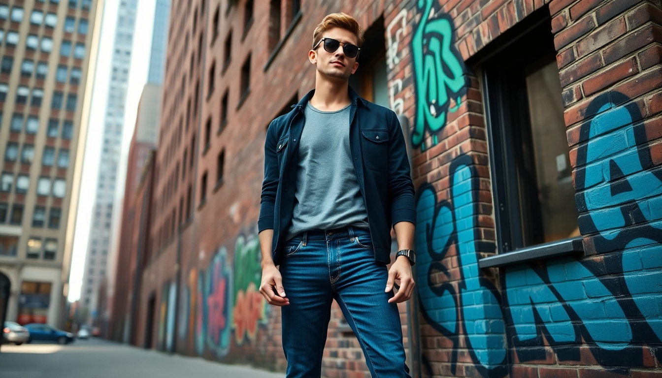 Model wearing mens stretch jeans against a vibrant urban backdrop, showcasing style and comfort.