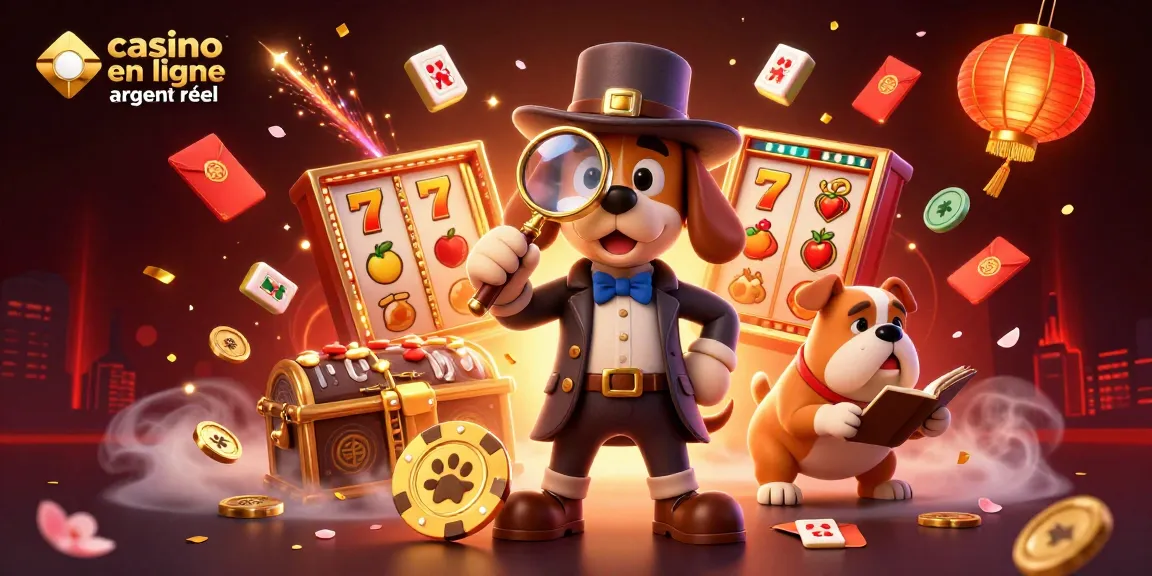 Plongez dans l'univers des jeux avec cette illustration de casino en ligne argent réel, mettant en scène un détective sur une piste d'or.