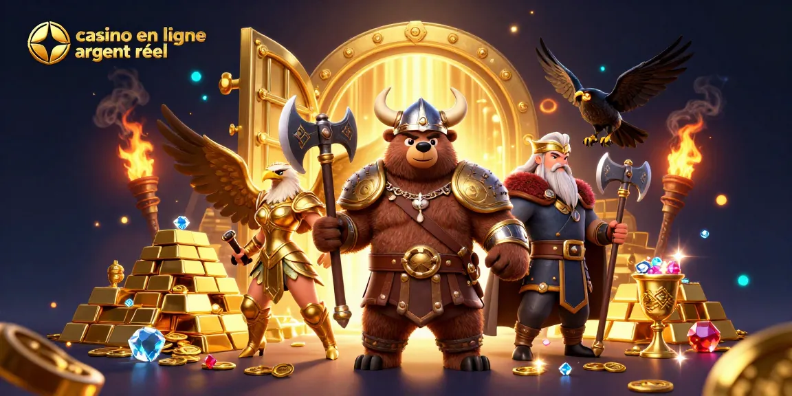 Illustration colorée de casino en ligne argent réel avec un ours viking et une aigle valkyrie parmi des trésors scintillants.