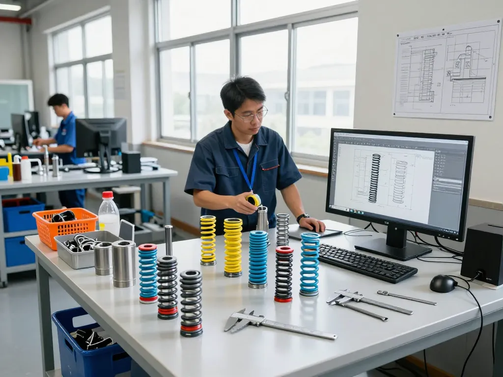 Inginerii examinând Arcuri compresie într-un atelier modern, evidențiind designul inovator.