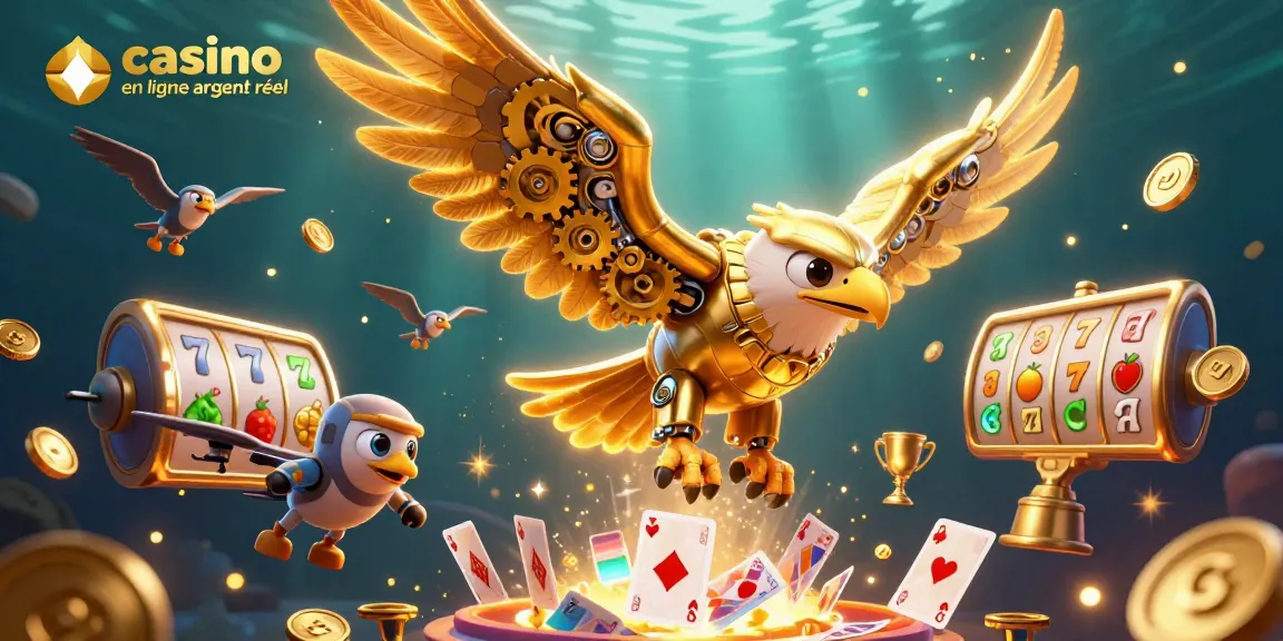 Jouer au casino en ligne argent réel avec un aigle doré cybernétique en pleine action parmi des éléments de jeu.