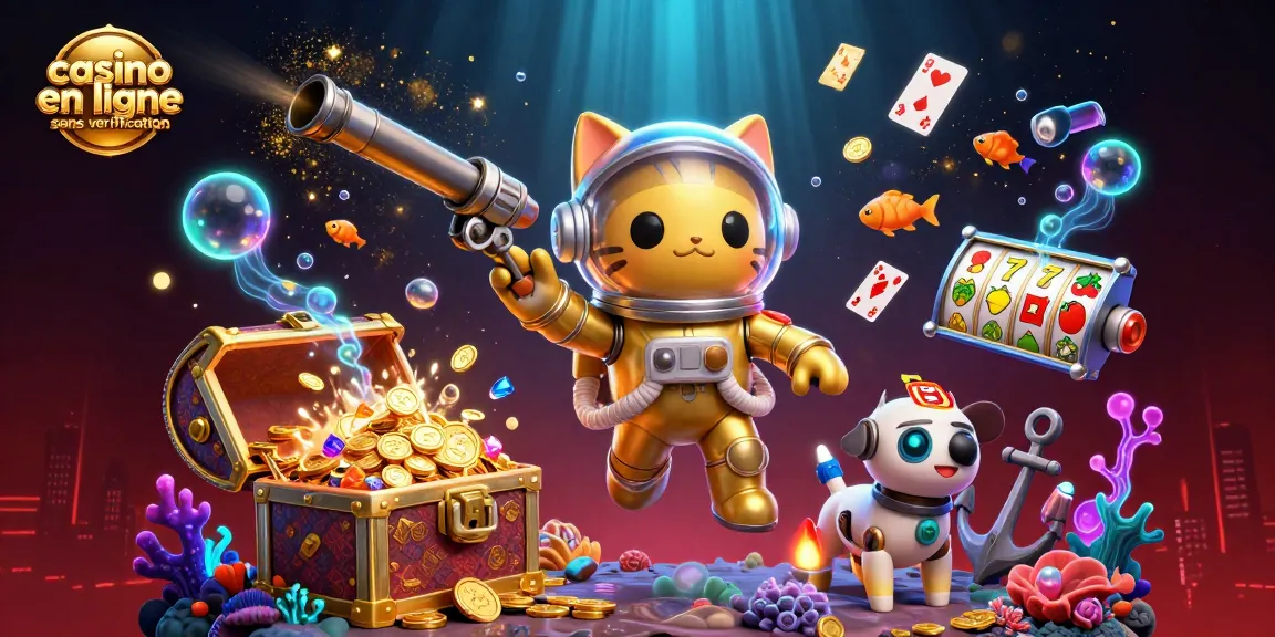 Illustration dynamique de casino en ligne sans verification avec un chat astronaute et des éléments ludiques.