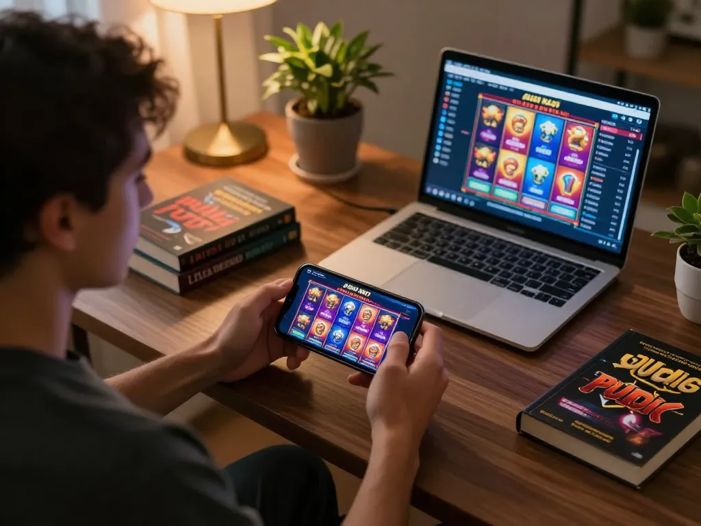 Engaging player betting on judi slot game via smartphone in cozy home environment.