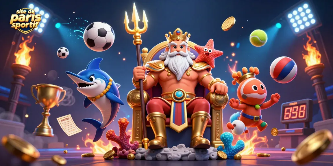 Pariez sur le site de paris sportif avec un roi Neptune animant un match gagné dans un décor coloré.