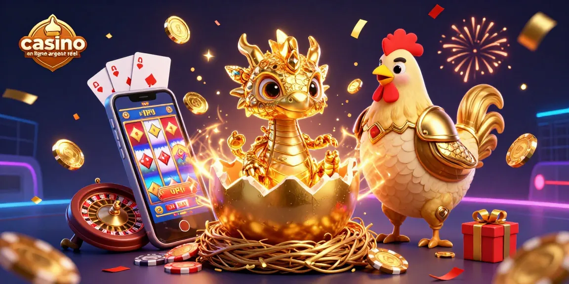 Jouez dans un casino en ligne argent réel avec un dragon doré sur des jetons de poker, entouré de jeux de hasard.