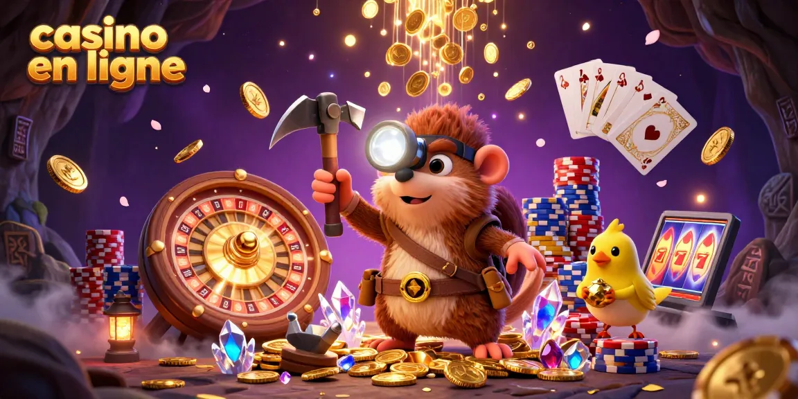 Découvrez une scène animée de jeux avec casino en ligne, où un rat des tunnels recherche des trésors en or pendant que des pièces volent autour.