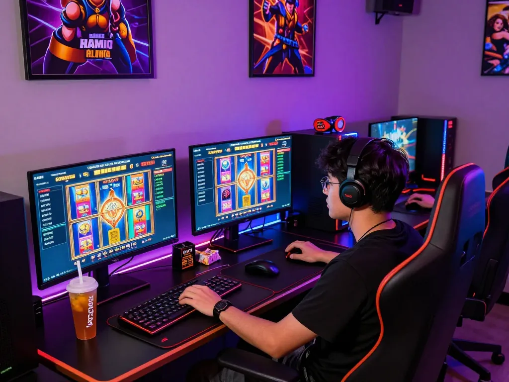 Gamer engaged in thrilling gameplay with slot gacor hari ini displayed on multiple screens in an energetic setup.