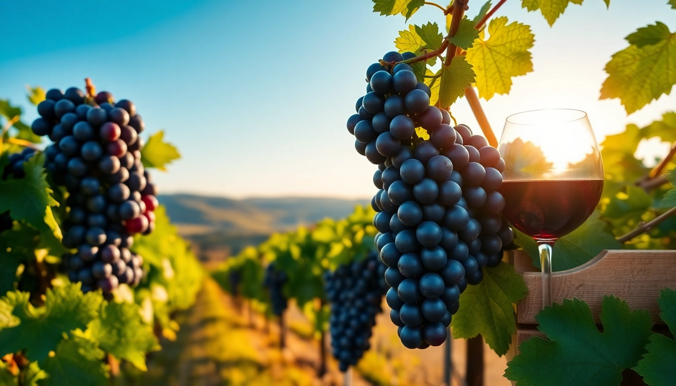 Ripe petite sirah grapes alongside a wine glass, highlighting vineyard elegance.
