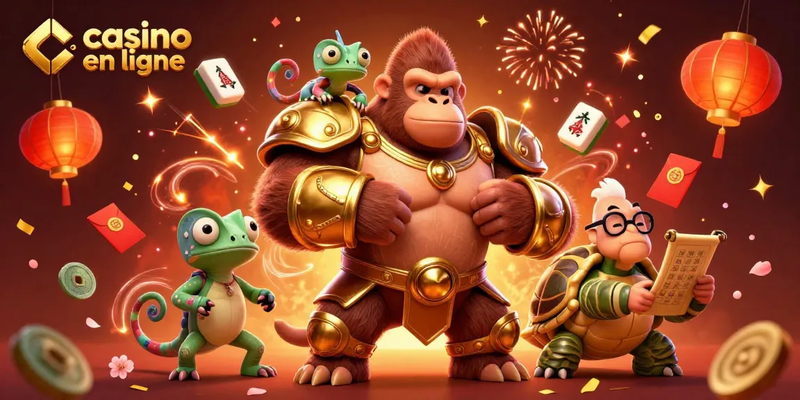 Casino en ligne : un roi gorille en armure d'or avec un complice caméléon et une tortue sage, entouré d'éléments festifs.