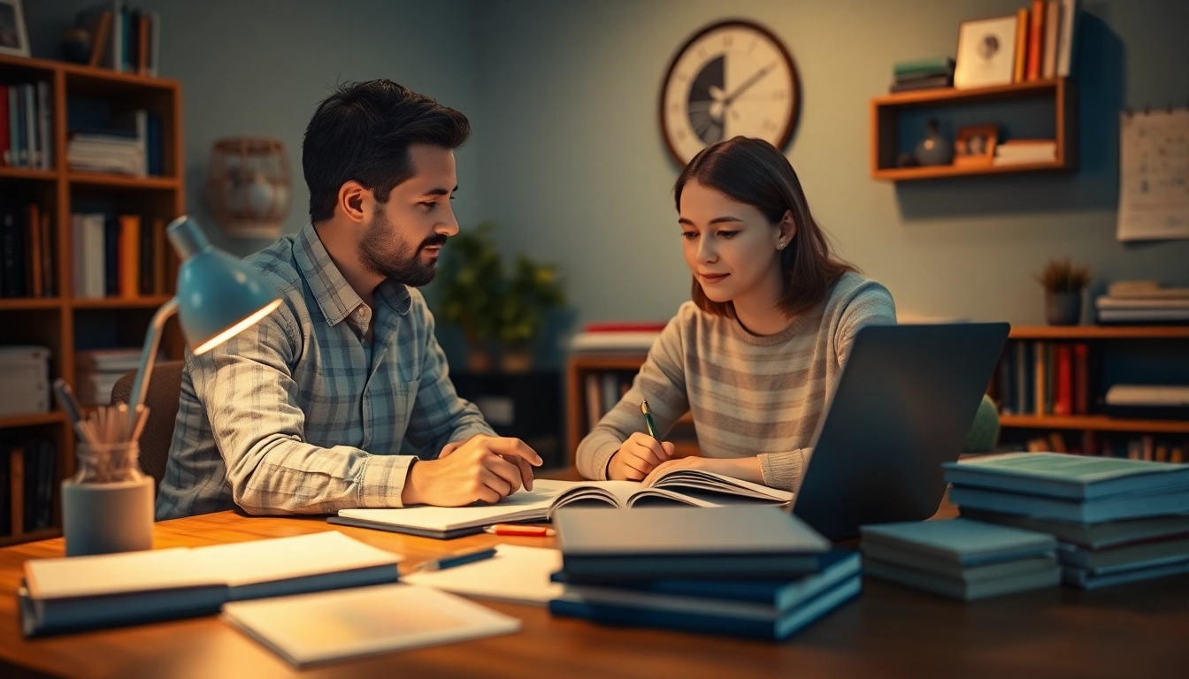 Pay someone to take TOEFL with a tutor helping a student in a cozy study.