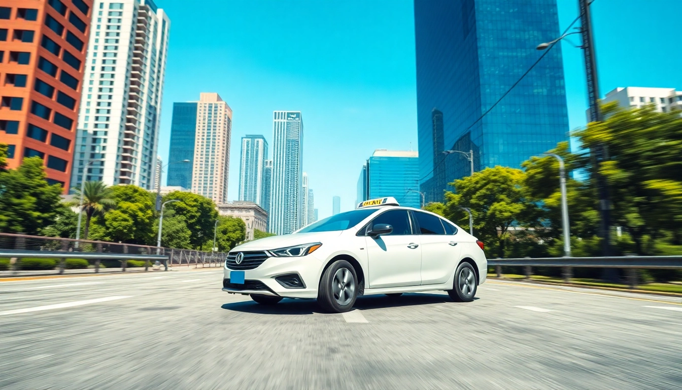 Experience LONG DISTANCE TAXI TRANSFERS with a modern taxi driving through a vibrant city.