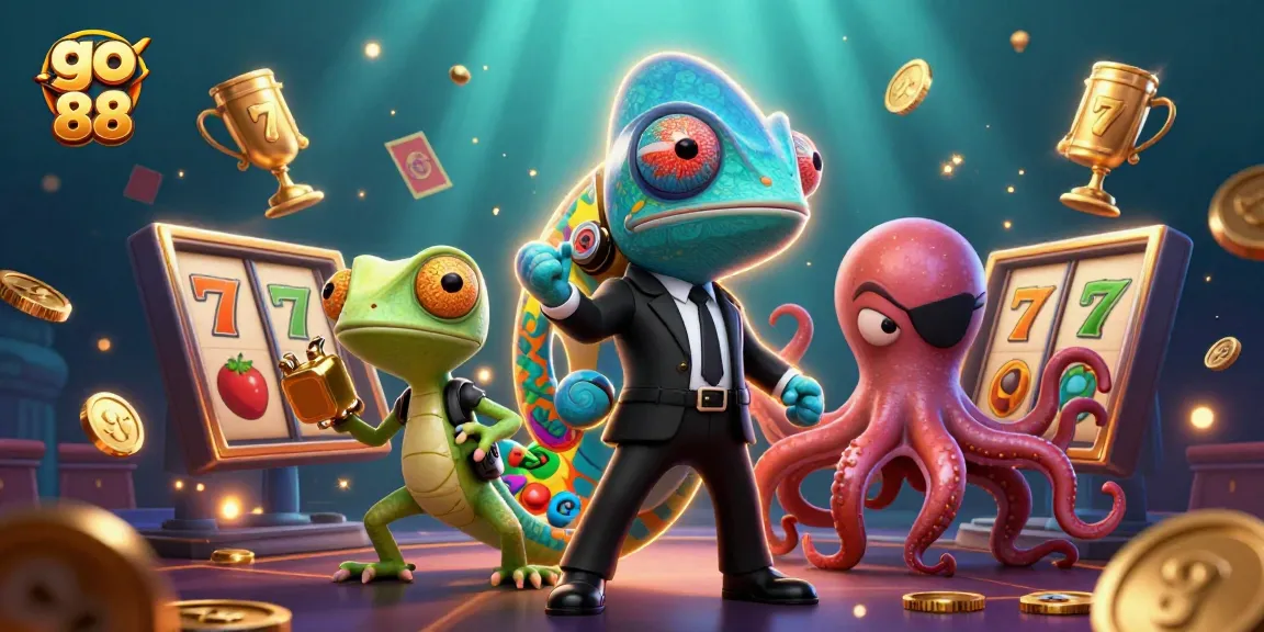 Engage in the vibrant go 88 casino scene featuring a chameleon agent, tech gecko, and octopus amidst dynamic slot game elements.
