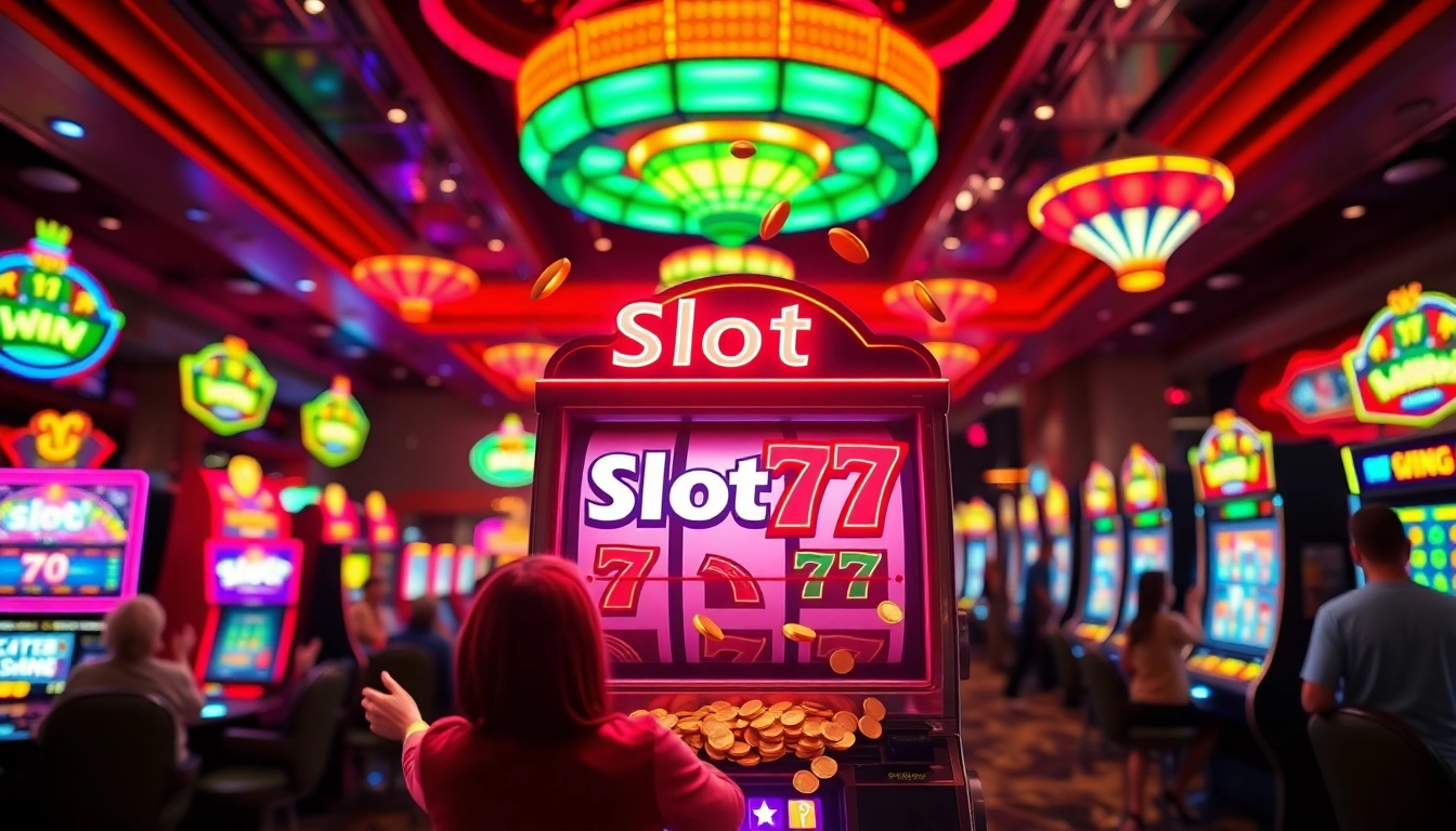 Slot77 yang menarik pada mesin slot dengan pemain yang bersemangat.