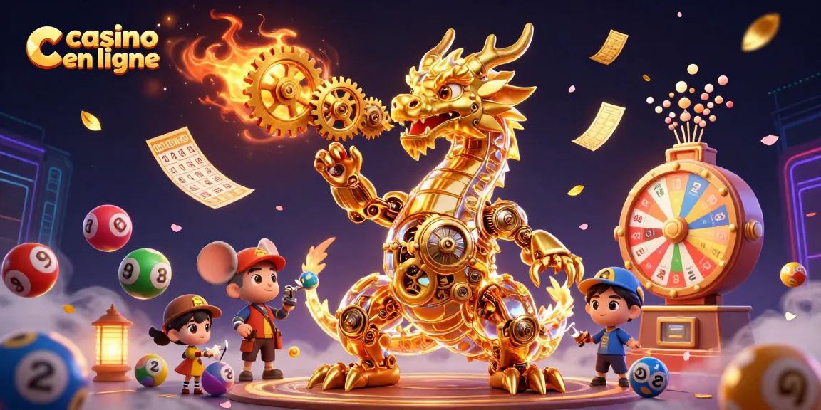 Un dragon doré et un ingénieur mouse jouant dans un casino en ligne dynamique rempli de boule de loterie