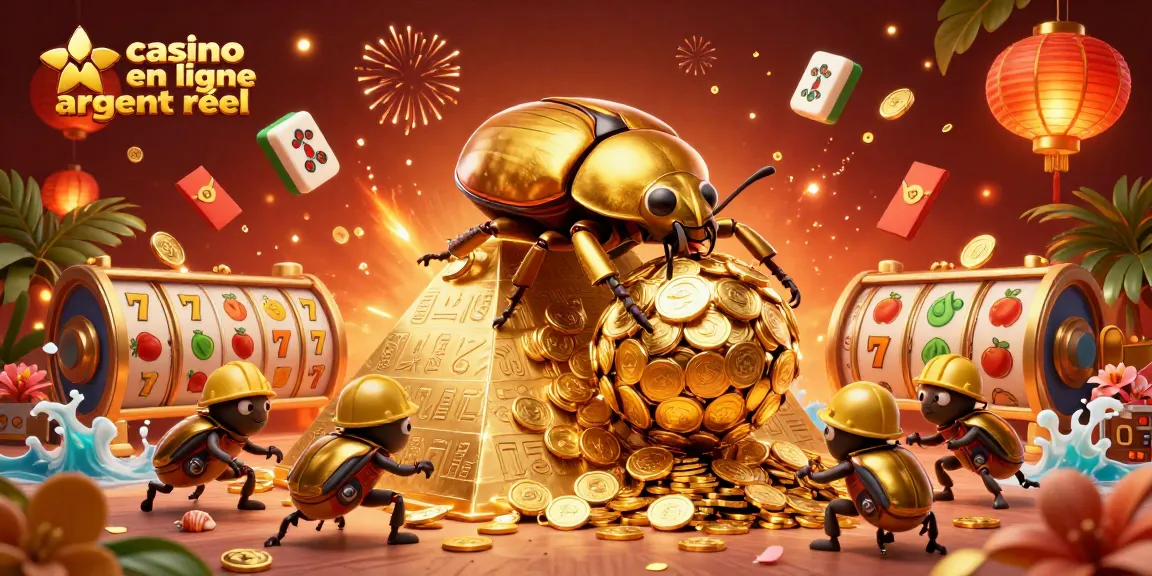 Découvrez le casino en ligne argent réel avec des insectes dorés, des machines à sous et des lanternes au fond lumineux.