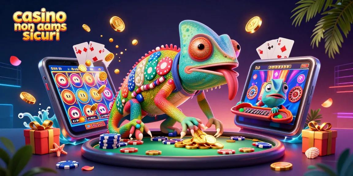 Scopri i casino non AAMS sicuri con il camaleonte proprietario e slot dorate in un'affascinante illustrazione 3D