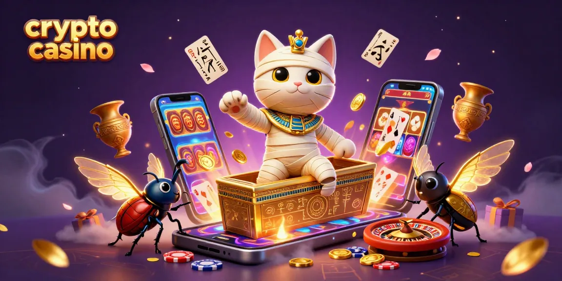 Le casino crypto révèle un chat momie égyptien, des cartes flottantes et des pièces d'or en explosion.