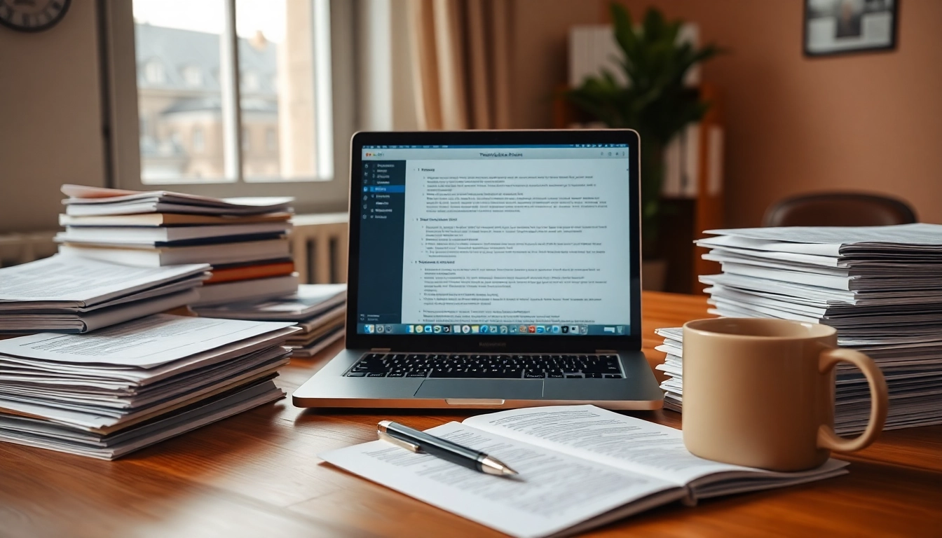 Professional translator's workspace showcasing traducere autorizată services with documents and technology.