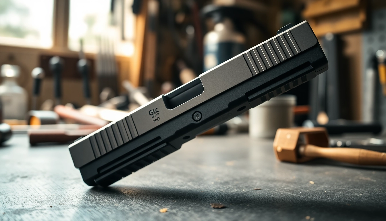 Showcase of glock 19 slide mos with intricate details and smooth metallic finish in a workshop setting.