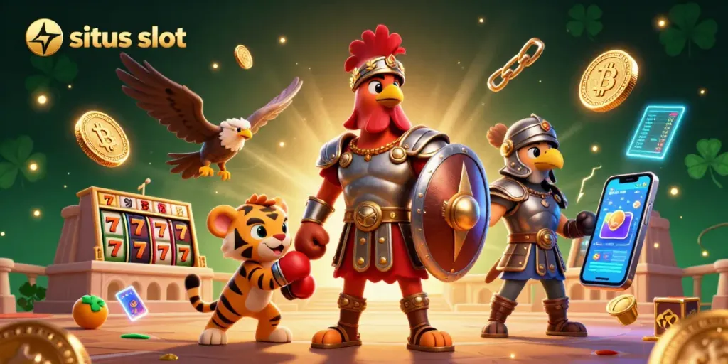 Engage with situs slot world, featuring lively characters, slot reels, and cryptocurrency elements in a vibrant arena.