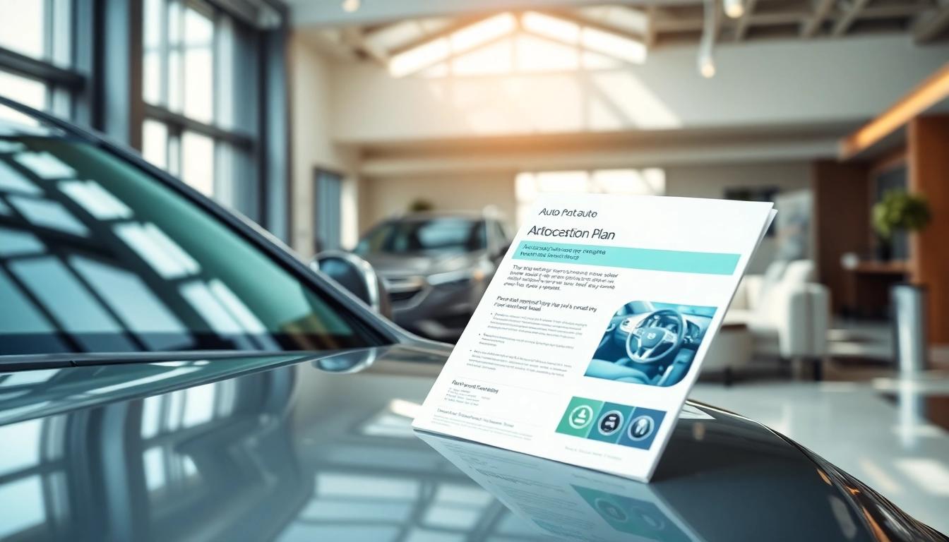 Highlighting an auto protection plan brochure next to a premium vehicle in an elegant showroom.
