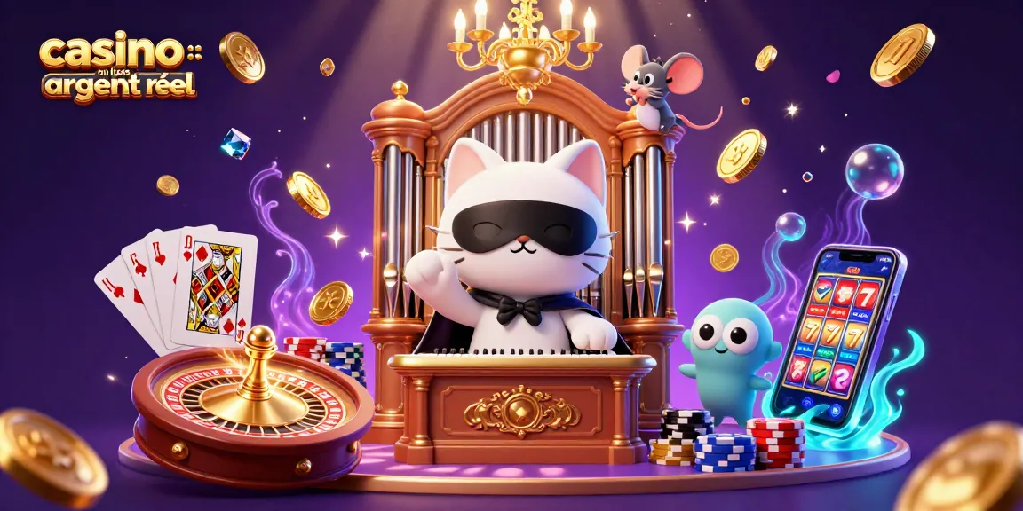 Jouez au casino en ligne argent réel avec l'illustration d'une scène dynamique captivante remplie de pièces d'or et de jeux de cartes.