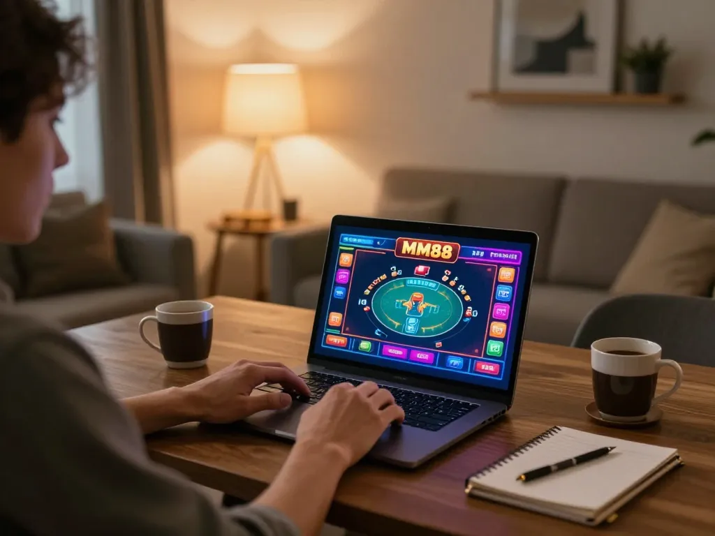 Engaging moment of a player enjoying online mm88 poker game on a laptop in a stylish home setting.