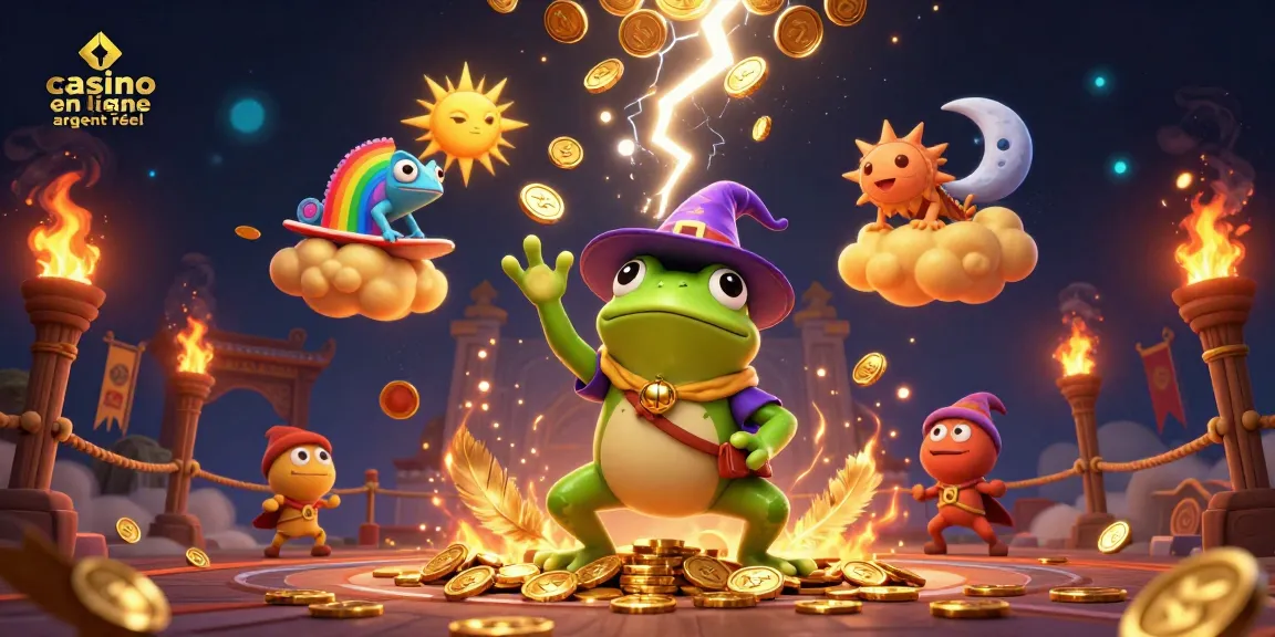 Gagnez avec casino en ligne argent réel grâce à une illustration 3D captivante d'un sorcier et d'un caméléon.