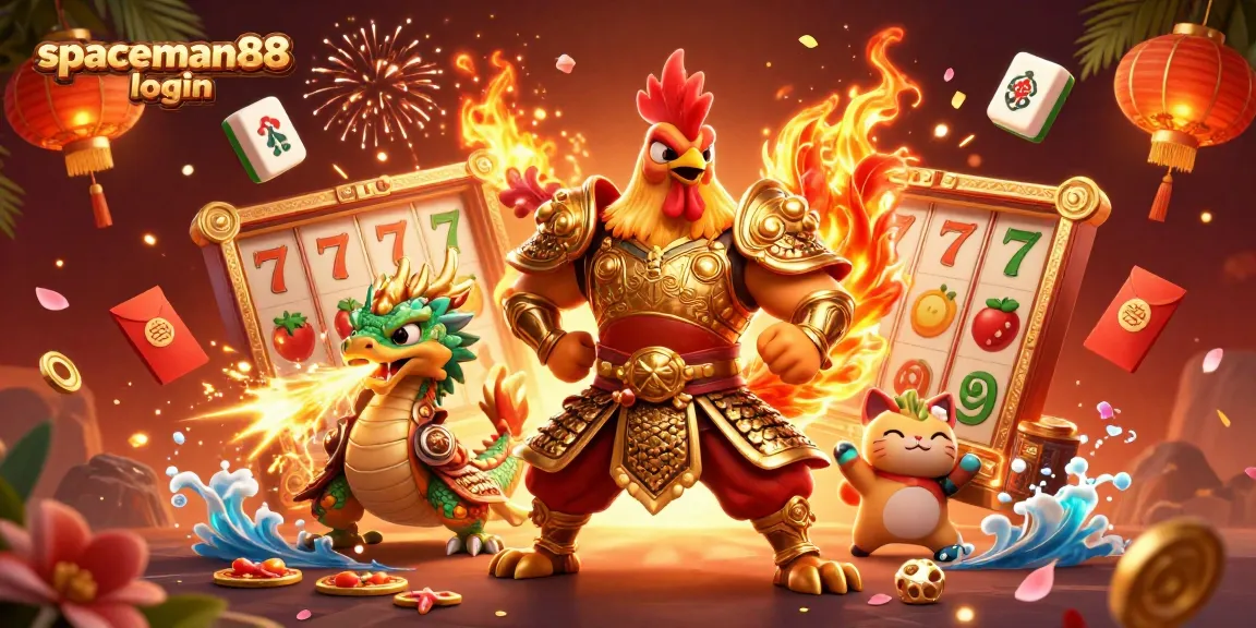Experience the excitement of slots at spaceman88 login, featuring vibrant cartoon characters and casino elements.