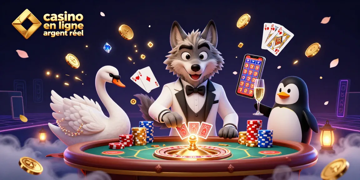 À travers une scène vibrante et immersive, le casino en ligne argent réel est représenté par un loup élégant, un cygne charmant, et un pingouin sommelier.