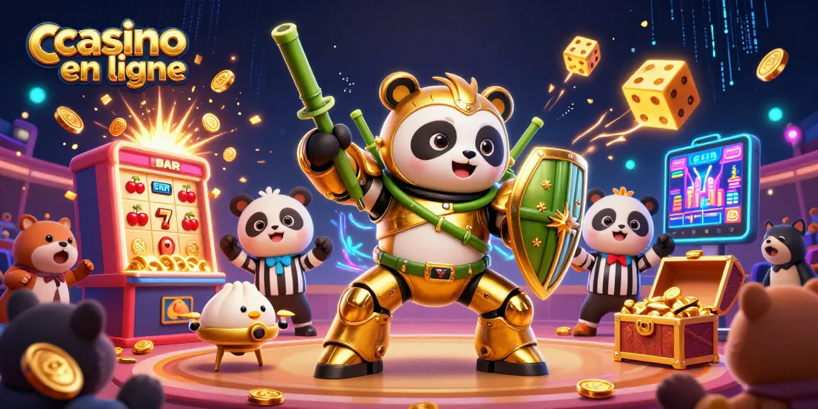 Jouez au casino en ligne avec une machine à sous et un robot panda en 3D dans une illustration dynamique.