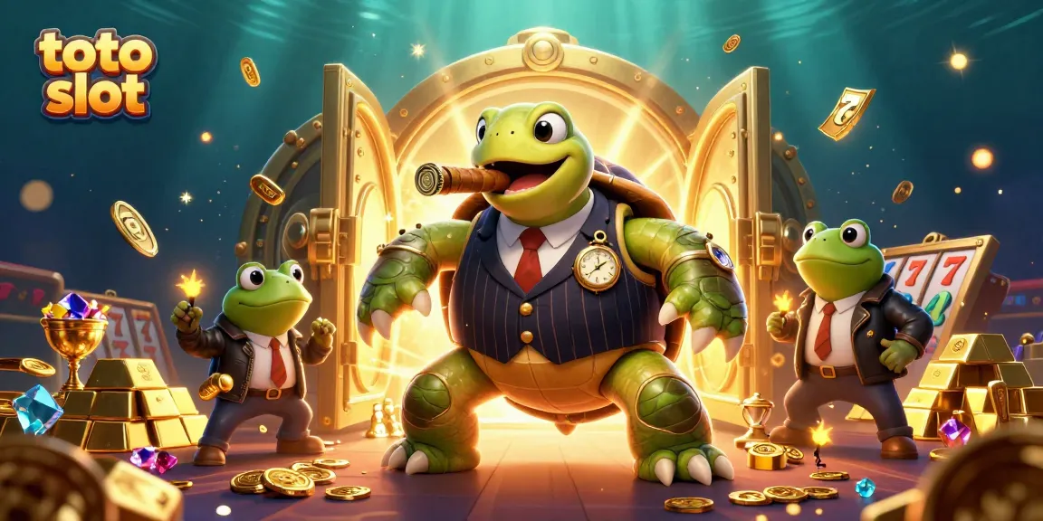 Experience exciting toto slot gaming with a snapping turtle mobster and frog enforcers amidst treasure