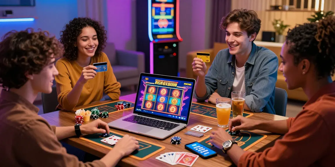Engaged group enjoying games at online casinos that accept credit cards in a vibrant home setting.