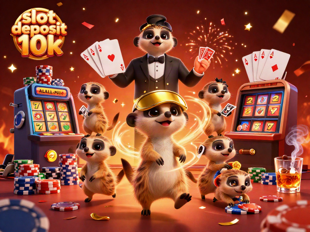 Experience the excitement of a slot deposit 10k in a vibrant casino scene with meerkats in action.