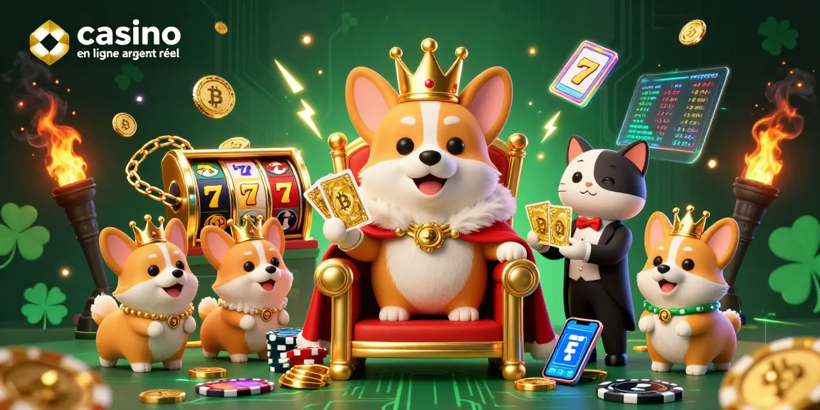 Illustration artistique d'un royal corgi avec une couronne d'or dans un casino en ligne argent réel, entouré de pièces de crypto-monnaie.