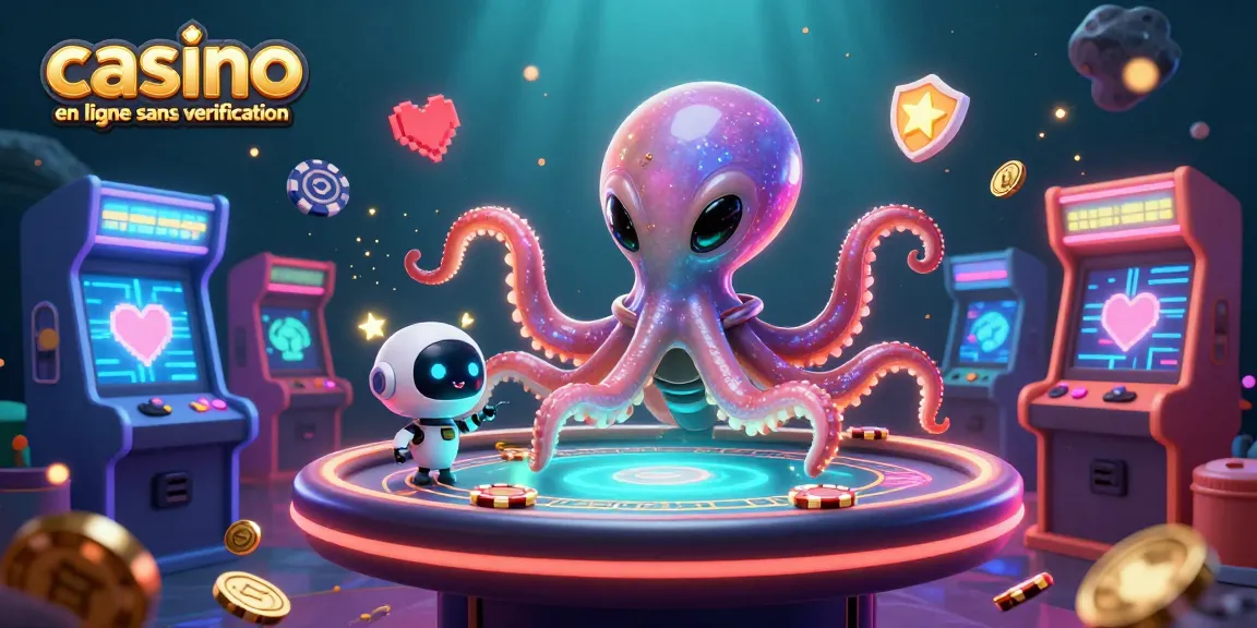 Jouez au casino en ligne sans vérification avec un octopus alien au poker, ambiance dynamique.