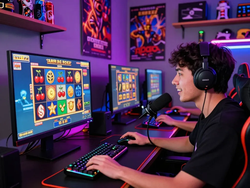 Pemain menikmati situs slot gacor di ruang permainan yang imersif, dipenuhi dengan visual yang cerah dan peralatan permainan.