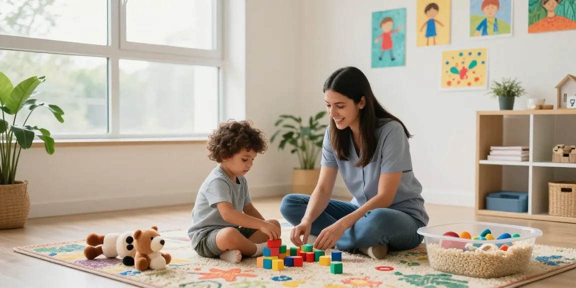 Occupational therapy session with therapist supporting child through play-based learning activities.