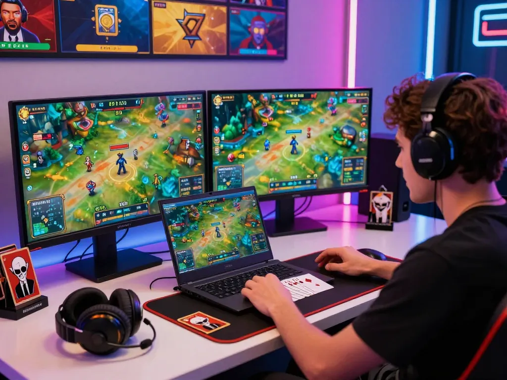 Exciting online gaming experience with the player enjoying xổ số hubet88 in a vibrant setup featuring multiple monitors and gaming trophies.