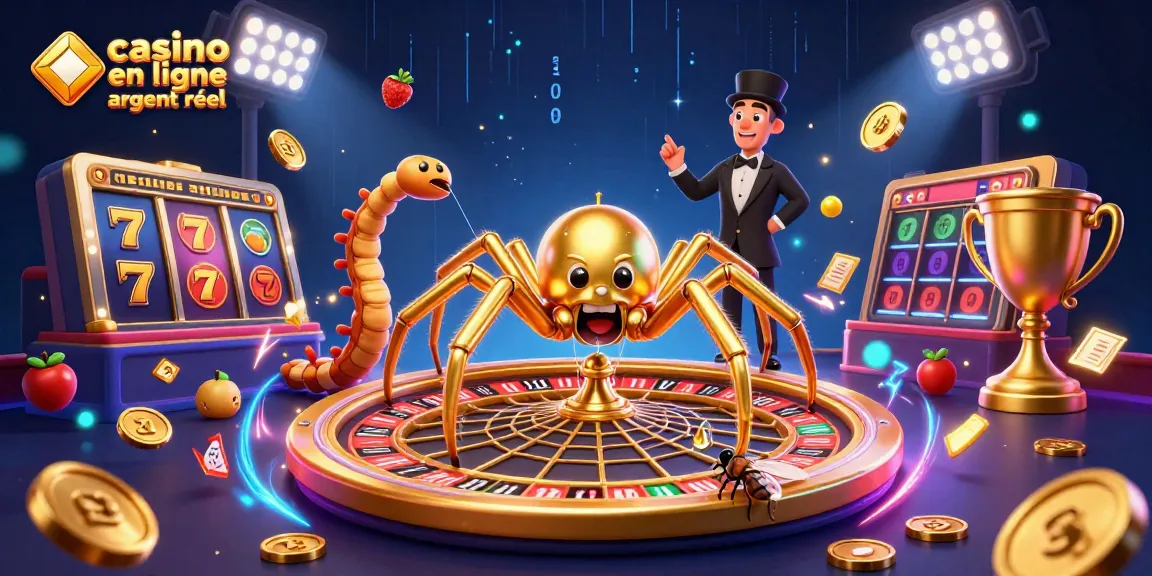 Illustration d'un casino en ligne argent réel avec une araignée dorée et une ambiance dynamique de jeux.