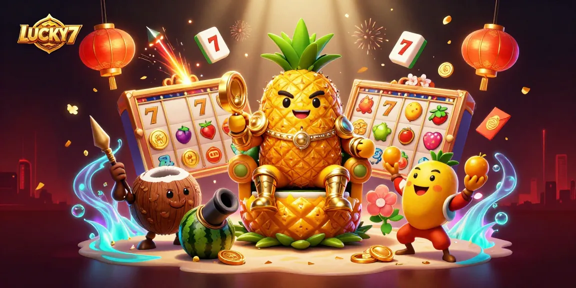Experience the exciting wins with LUCKY77 in this vibrant 3D casino scene filled with slot reels and golden symbols.