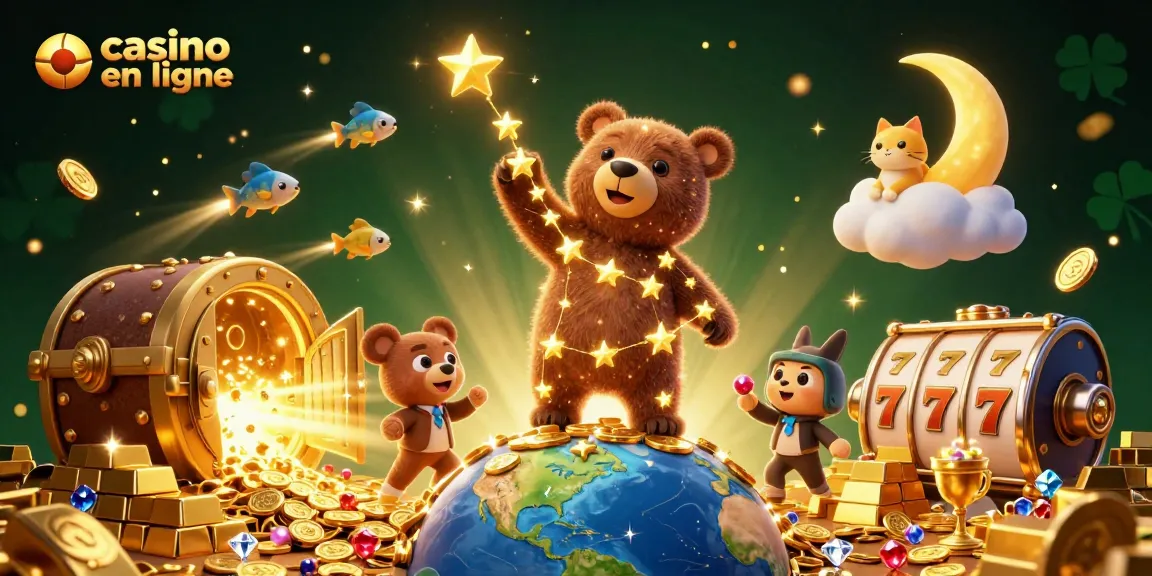 Profitez de l'adrénaline du casino en ligne avec une illustration d'un ours constellation collectant des pièces d'or.