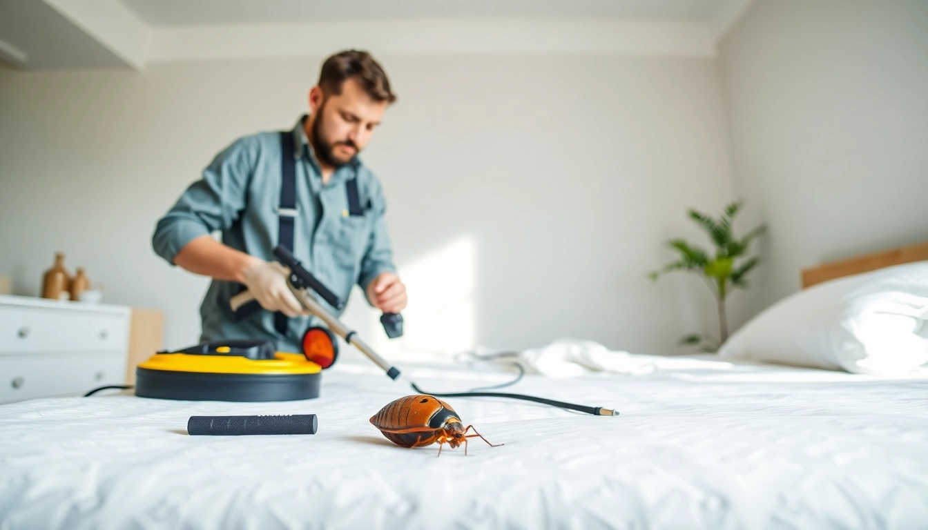 Bed bug extermination services conducted by a professional in a tidy bedroom during inspection.