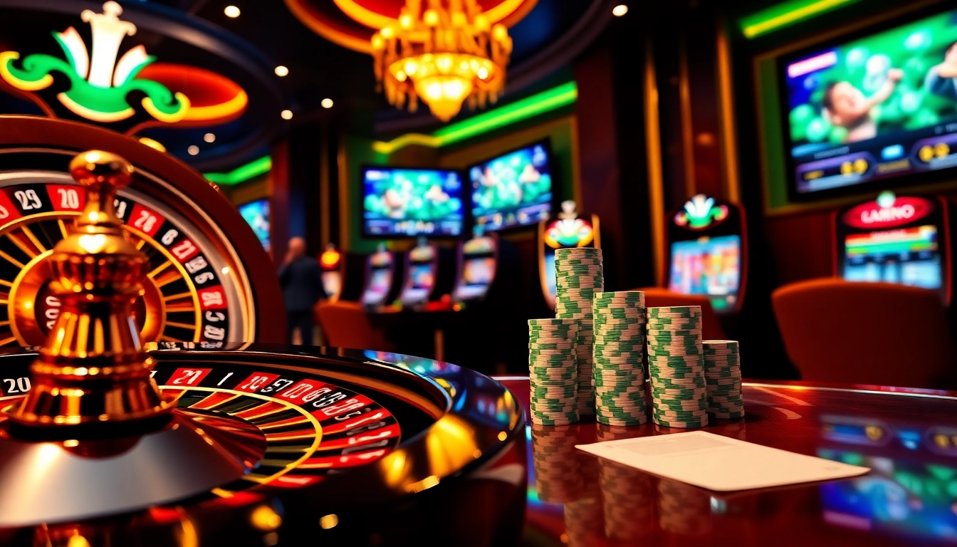 Découvrez l'excitation d'un casino en ligne fiable avec des jetons de poker colorés et une roue de roulette tournante.
