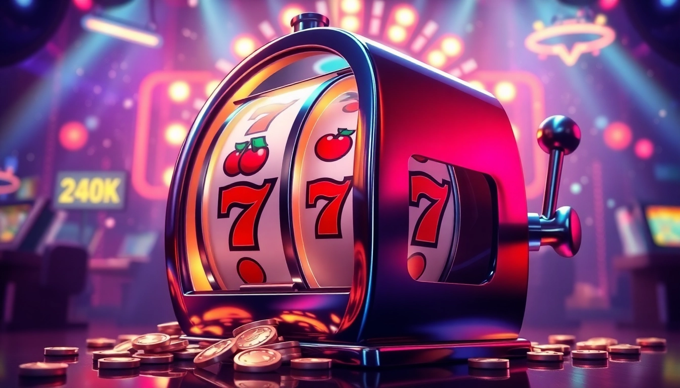 Spin the reel on a bright slot 777 machine with shimmering symbols and coins spilling out.