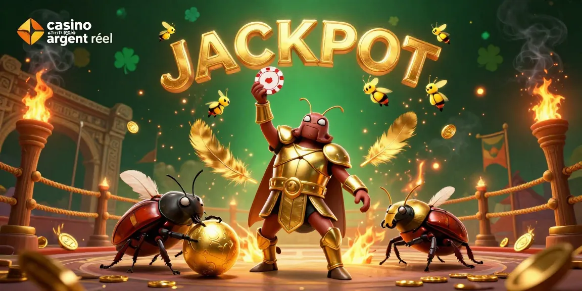 Casino en ligne argent réel : un scarabée héros remportant un jackpot dans une illustration animée riche en détails.