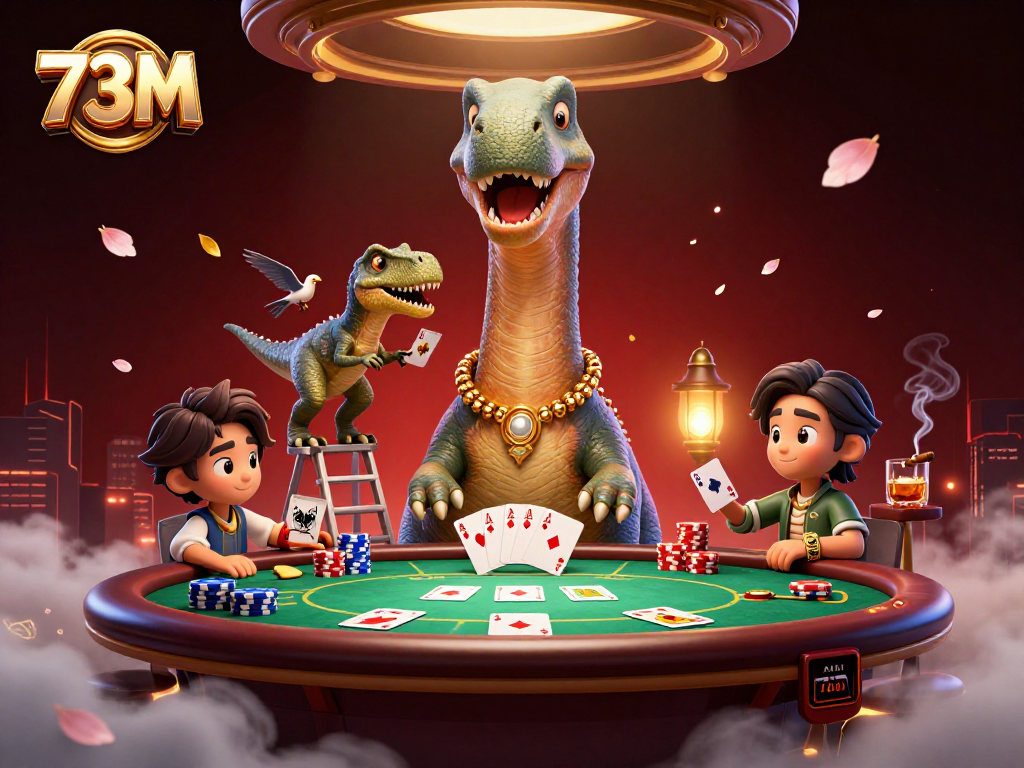 73M em uma cena vibrante com um brontossauro e um raptor jogando pôquer no cassino.