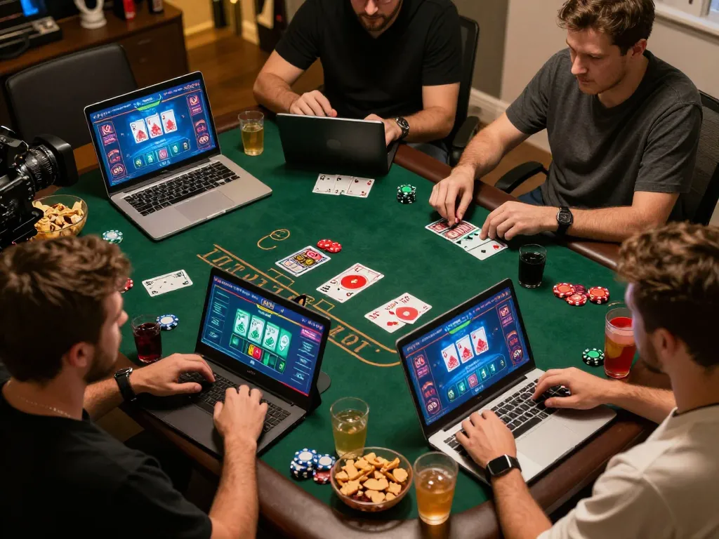 Engaged players enjoying a thrilling casino online americani blackjack session at home