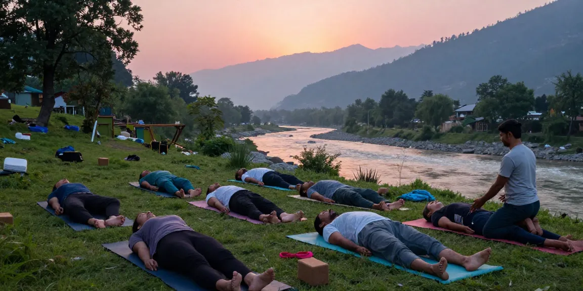 200 hour yoga teacher training in Rishikesh with students practicing yoga poses at dawn surrounded by nature's beauty.
